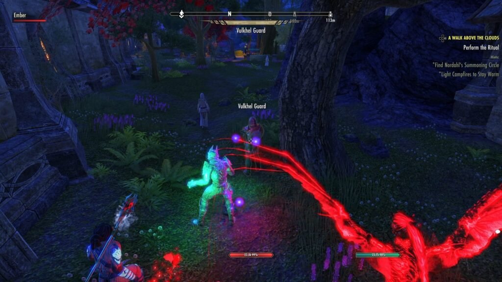 Screenshot of a player attacking a guard in Vulkhel Guard in The Elder Scrolls Online.