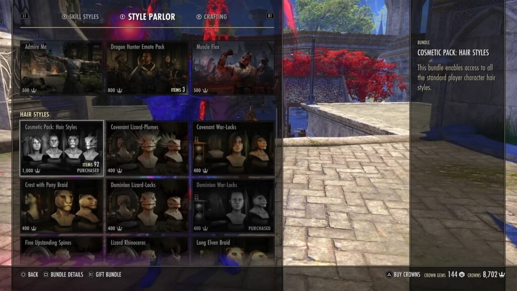 Screenshot of the Style Parlor section in The Elder Scrolls Online Crown Store, highlighting the Hair Styles Cosmetic Pack.