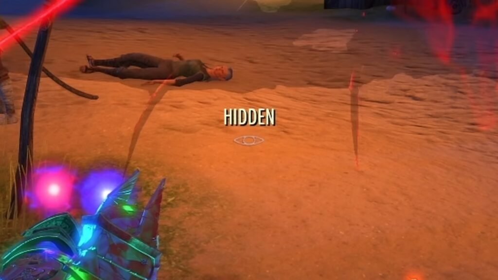Screenshot of a character in Hidden mode in The Elder Scrolls Online, highlighting the "eye icon" that shows whether a player is hidden or not.