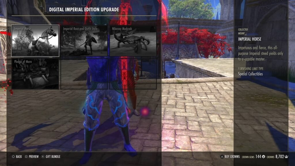 Screenshot of the Digital Imperial Edition Upgrade in The Elder Scrolls Online Crown Store, showing the items included with the upgrade.