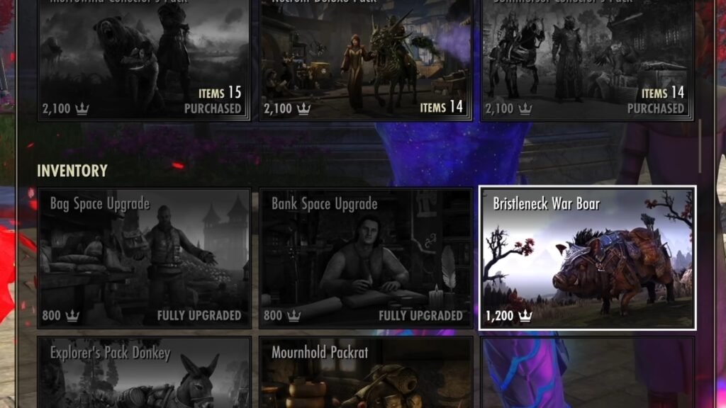 Screenshot of the Bristleneck War Boar Inventory Non-Combat Pet in The Elder Scrolls Online Crown Store.