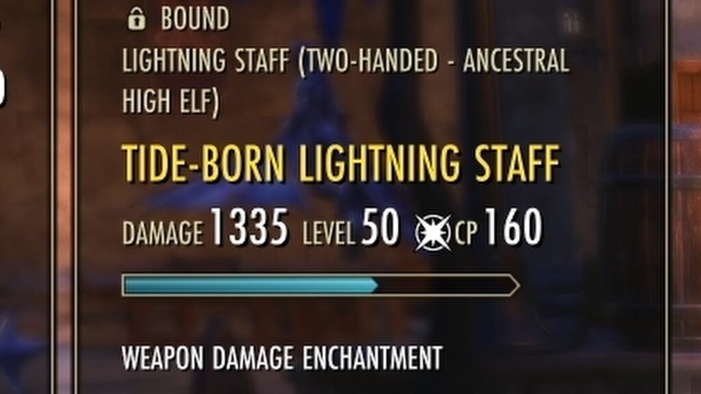 Close-up screenshot of a Tide-Born Lightning Staff item, highlighting the item level and CP level.