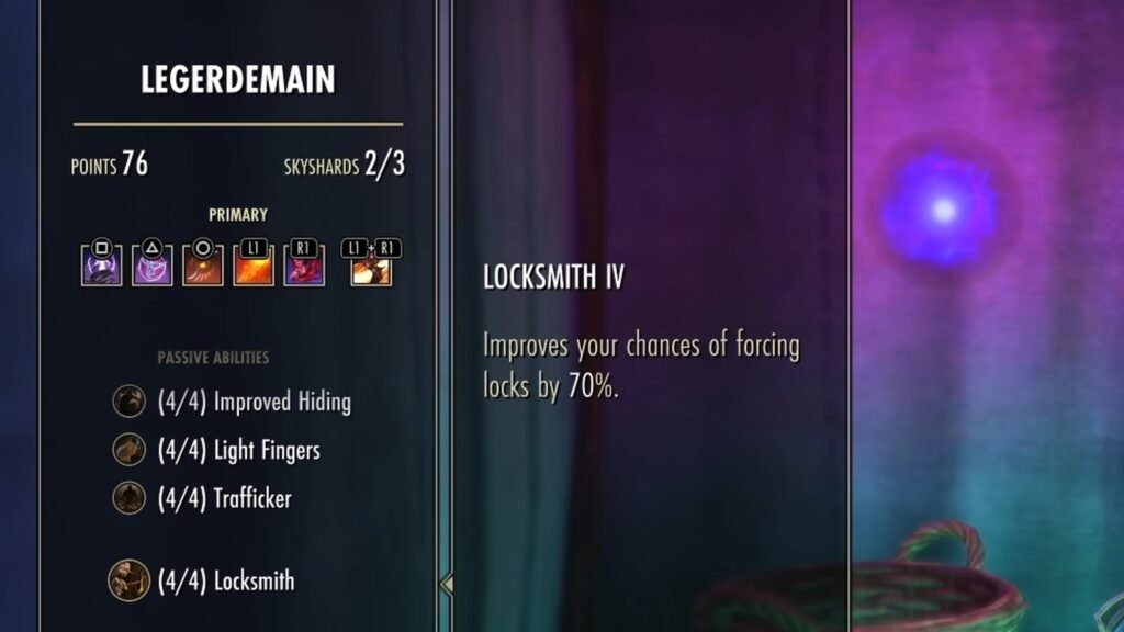 Close-up screenshot of the Legerdemain Skill Line in the player Skills menu in The Elder Scrolls Online.