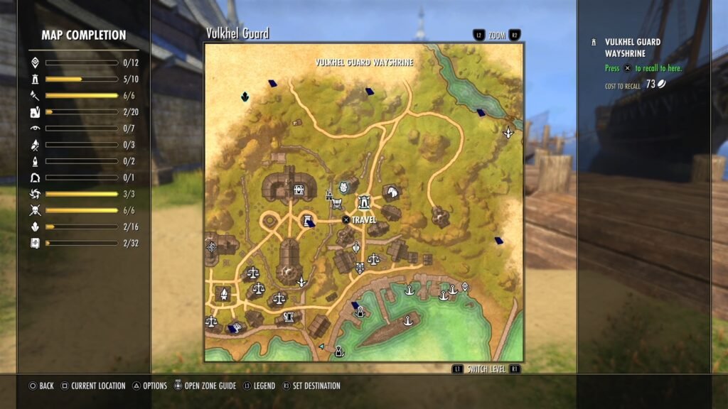 Screenshot of the map in The Elder Scrolls Online, highlighting the Vulkhel Guard Wayshrine.