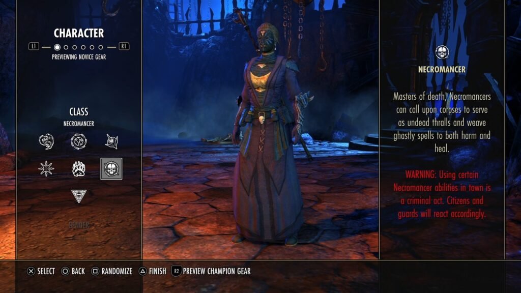Screenshot of the Character Creation screen in The Elder Scrolls Online, highlighting the tooltip for the Necromancer class.