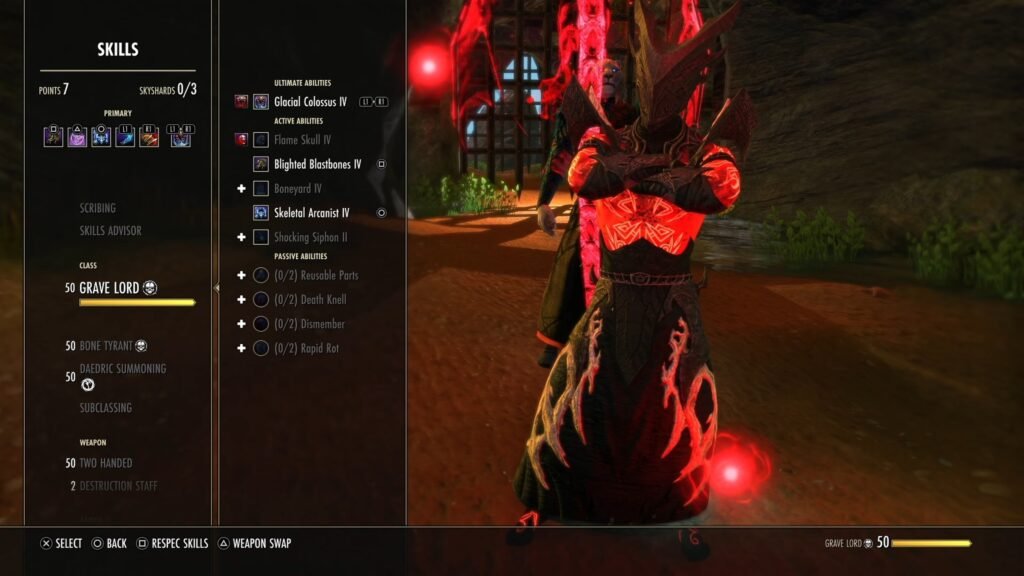 Skills Menu for the Necromancer in The Elder Scrolls Online, focusing on the Grave Lord skill line.