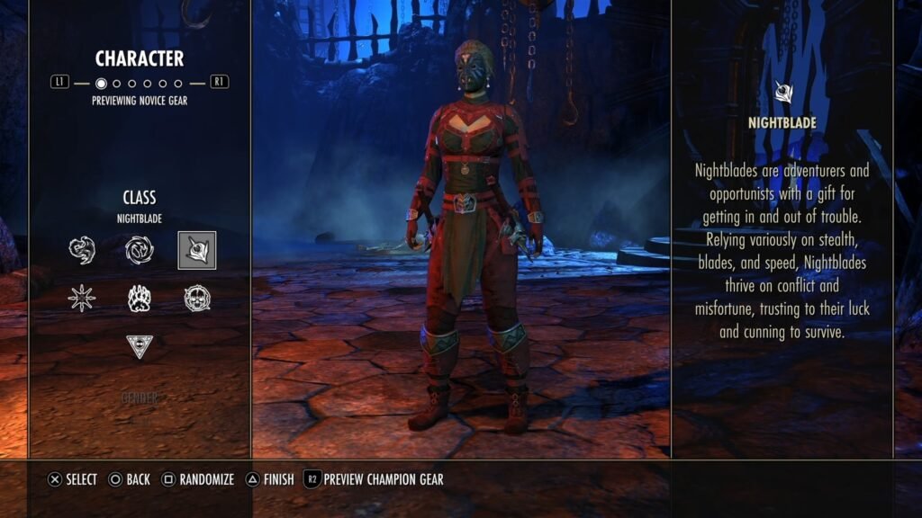 Screenshot of the Character Creation screen in The Elder Scrolls Online, highlighting the tooltip for the Nightblade class.