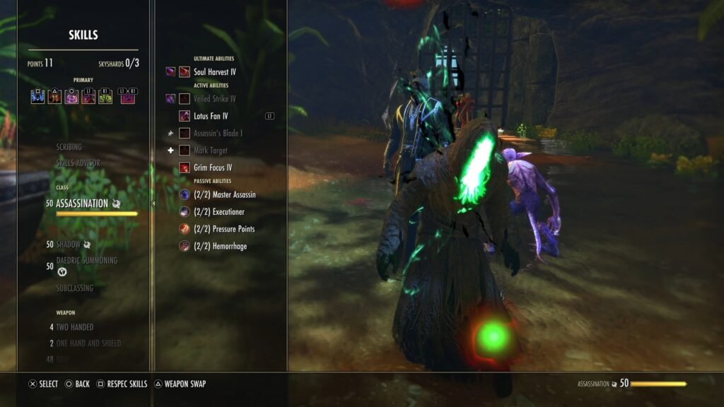 Skills Menu for the Nightblade in The Elder Scrolls Online, focusing on the Assassination skill line.