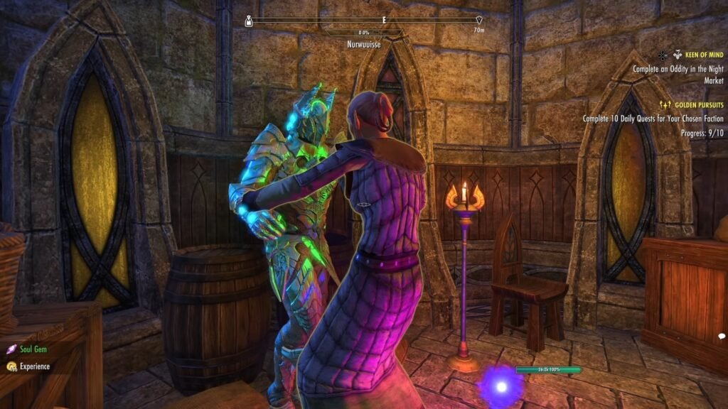 Screenshot of a Vampire player character Feeding on an NPC inside a home in Vulkhel Guard in The Elder Scrolls Online.