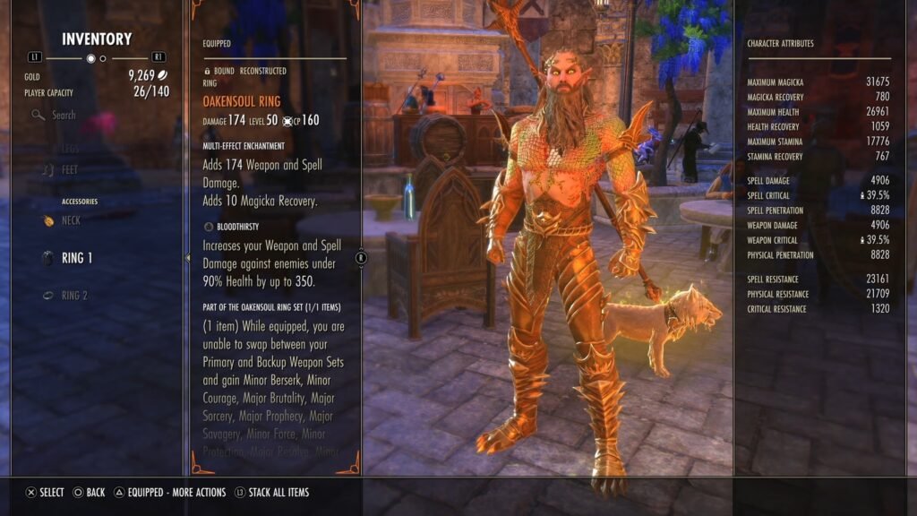Screenshot of the Inventory menu in The Elder Scrolls Online, highlighting the Oakensoul Ring Mythic item.