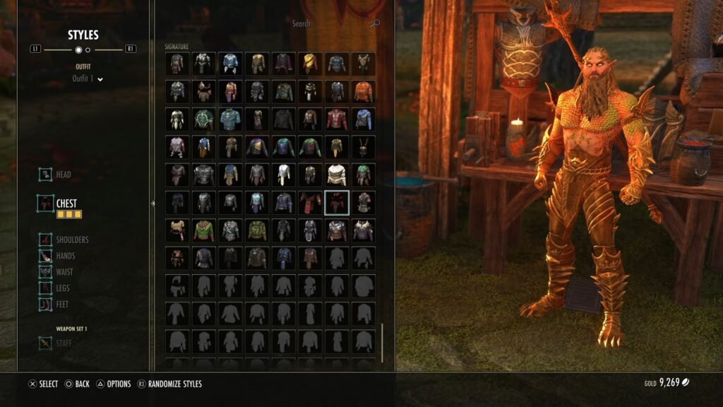 Screenshot of the Outfit Station in The Elder Scrolls Online, highlighting the Chest Armor Styles page.