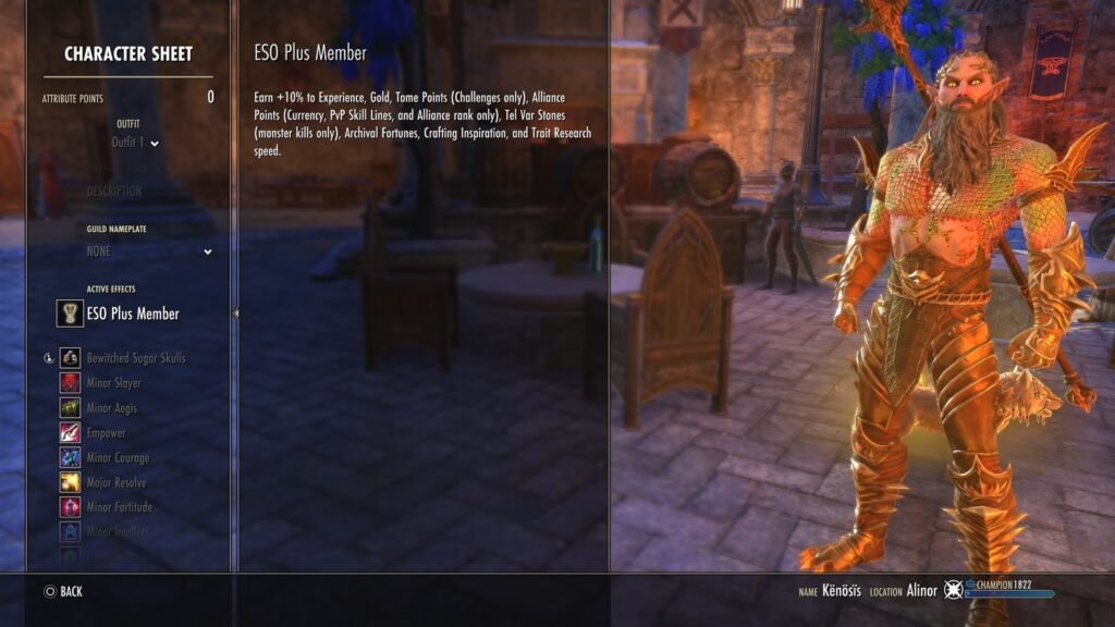 Screenshot of the Character Sheet menu in The Elder Scrolls Online, highlighting the ESO Plus Member area.