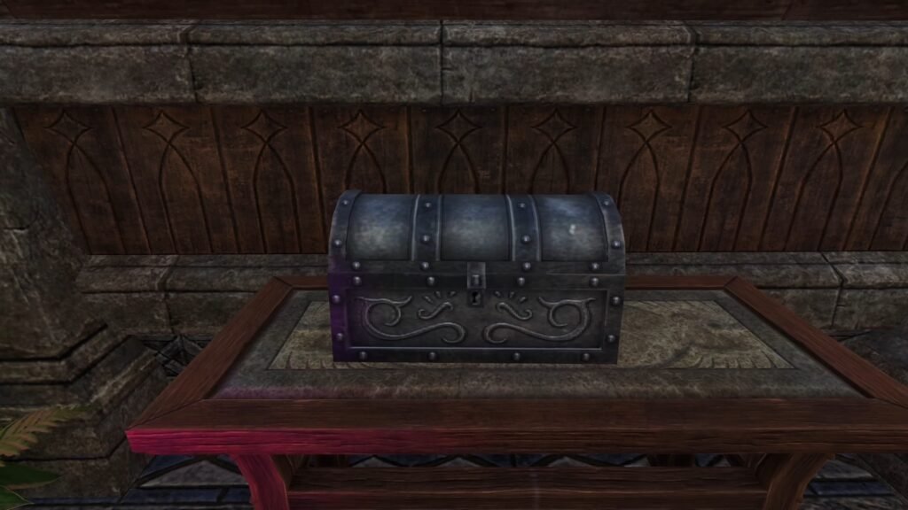 Screenshot of a safebox sitting on a table inside a home in Vulkhel Guard in The Elder Scrolls Online.