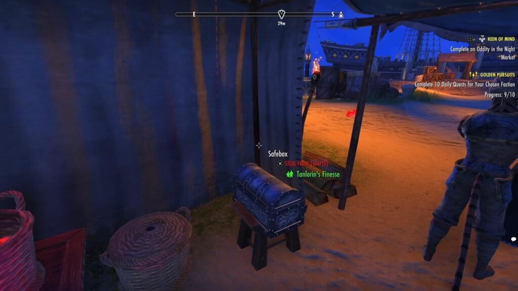A safebox sitting on a stool in a tent in Vulkhel Guard, Auridon in The Elder Scrolls Online.