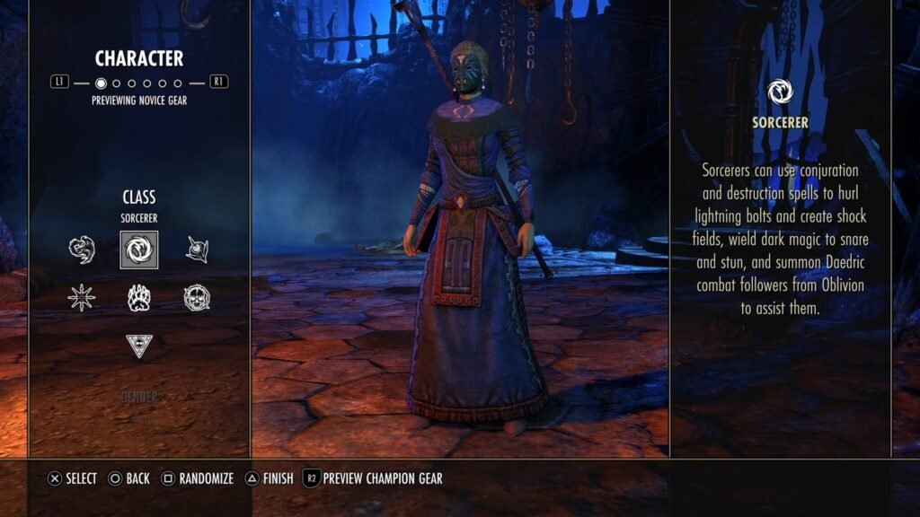 Screenshot of the Character Creation screen in The Elder Scrolls Online, highlighting the tooltip for the Sorcerer class.