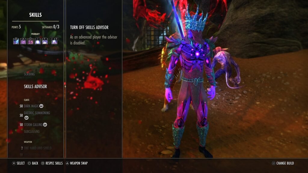 Skills Menu for the Sorcerer in The Elder Scrolls Online, focusing on the Skills Advisor option.