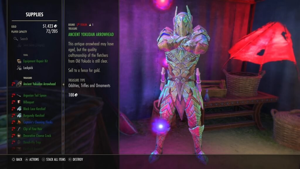 Stolen Treasures in the Supplies section of the Inventory screen in The Elder Scrolls Online.
