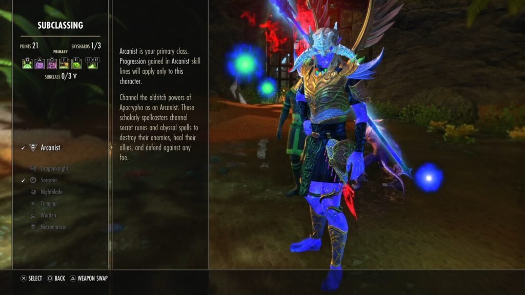 Screenshot of the Subclassing menu in The Elder Scrolls Online, focusing on information for the Arcanist class.