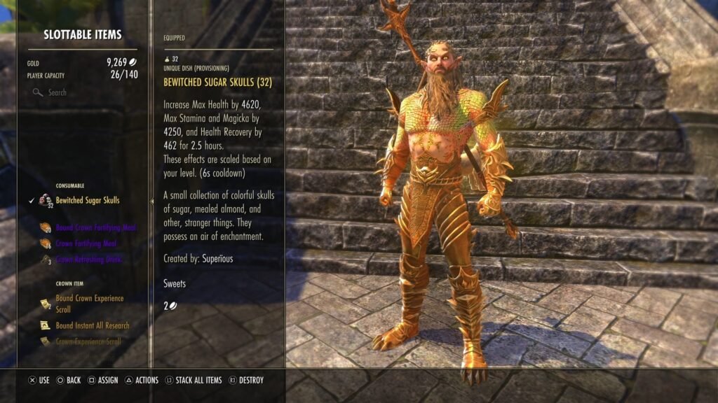 Screenshot of the Slottable Items menu in The Elder Scrolls Online inventory, highlighting the Bewitched Sugar Skulls consumable.