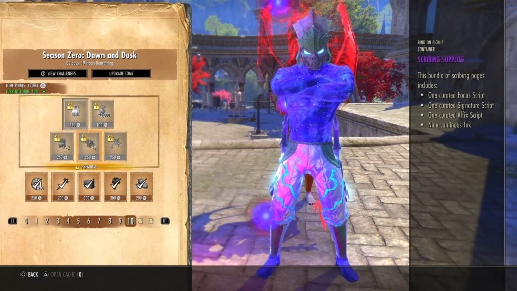 Tamriel Tomes menu in The Elder Scrolls Online, focusing on the Page 10 rewards for the Season of Dawn and Dusk