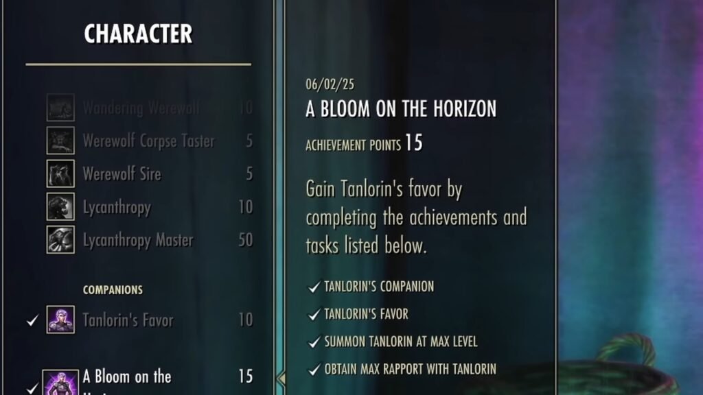 Screenshot of the "A Bloom on the Horizon" achievement associated with the Companion Tanlorin in The Elder Scrolls Online.