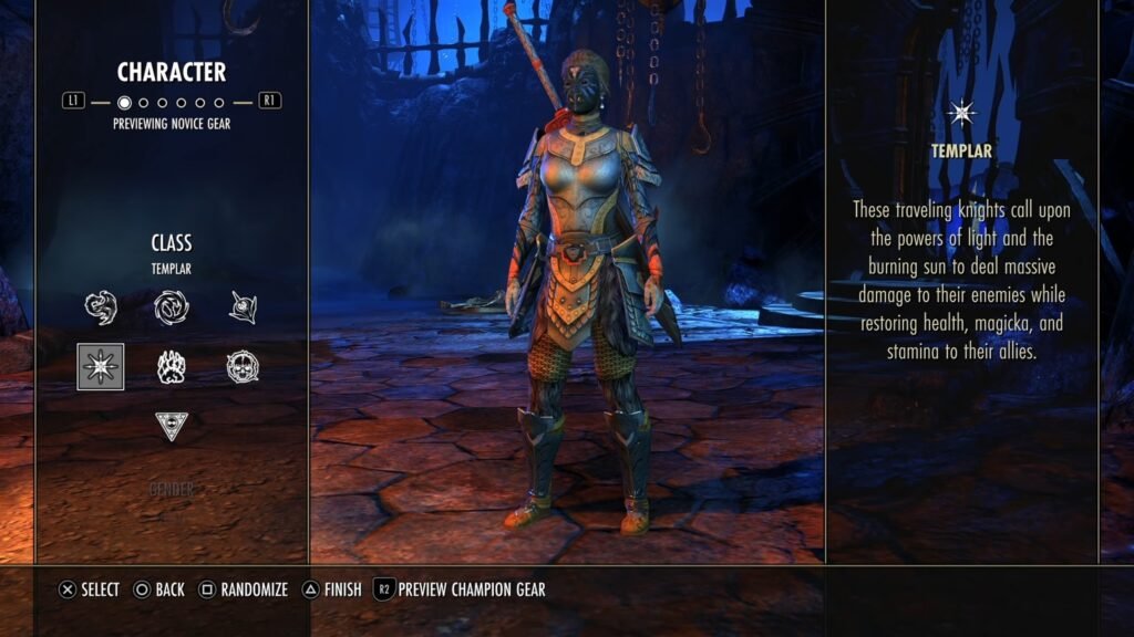 Screenshot of the Character Creation screen in The Elder Scrolls Online, highlighting the tooltip for the Templar class.