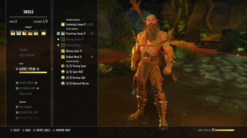 Skills Menu for the Templar in The Elder Scrolls Online, focusing on the Aedric Spear skill line.