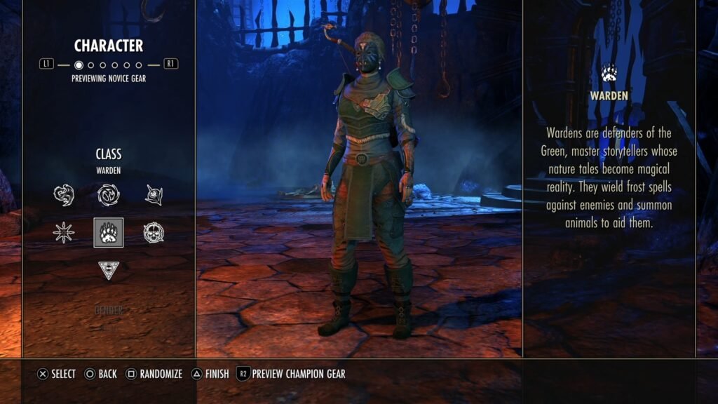 Screenshot of the Character Creation screen in The Elder Scrolls Online, highlighting the tooltip for the Warden class.
