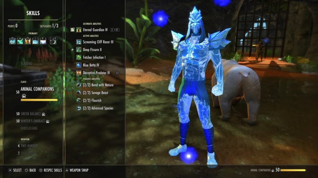 Skills Menu for the Warden in The Elder Scrolls Online, focusing on the Animal Companions skill line.