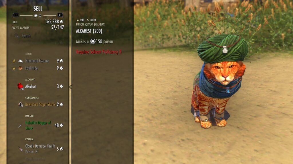 Screenshot of the Merchant Assistant Fezez in The Elder Scrolls Online, highlighting the Alchemy crafting ingredient Alkahest.