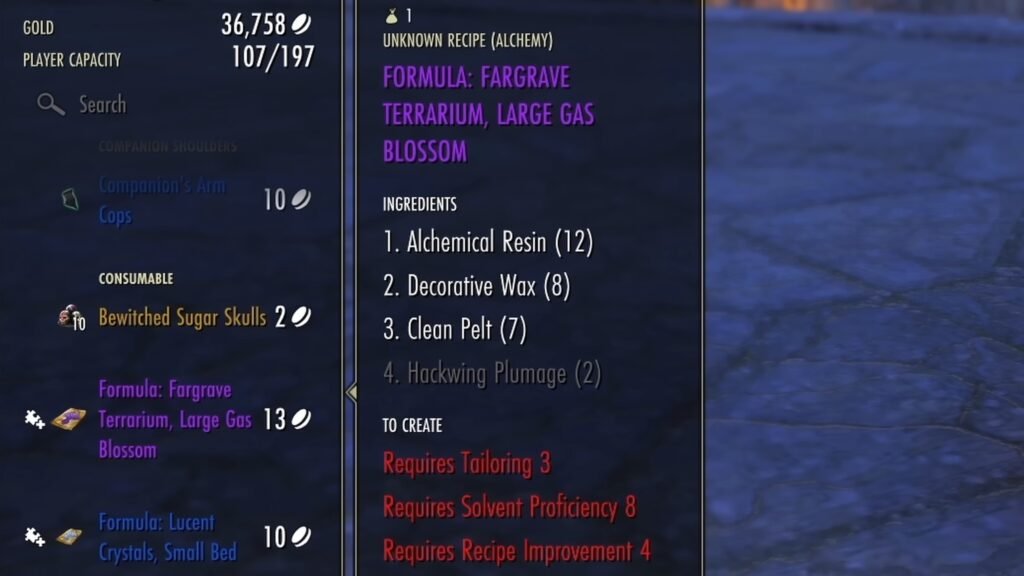 Screenshot of a Furnishing Plan in The Elder Scrolls Online, highlighting Formula: Fargrave Terrarium, Large Gas Blossom.