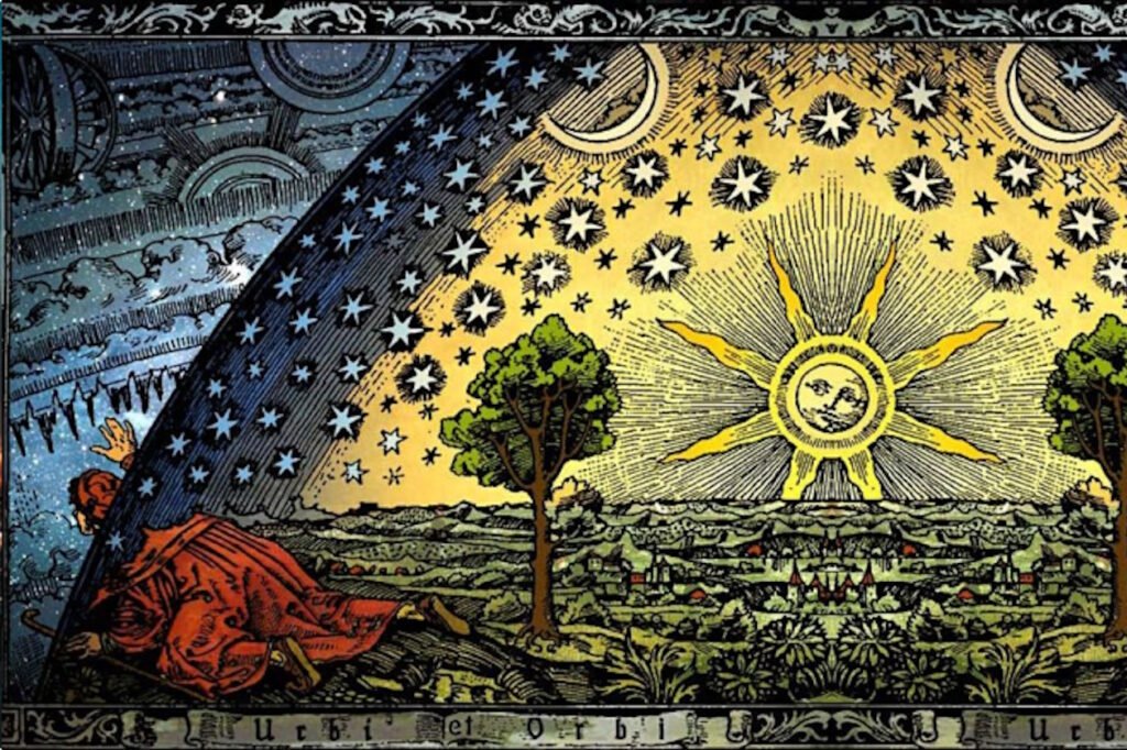 Medieval woodcutting showing a man escaping the material universe.