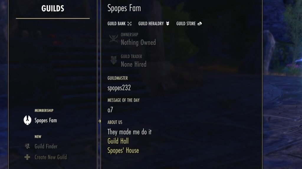 Screenshot of the Guilds menu in The Elder Scrolls Online, highlighting the player guild Spopes Fam, created by YouTube content creator Spopes.