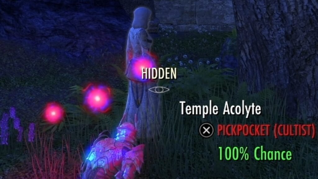 Screenshot of an Elder Scrolls Online player in Hidden Mode, preparing to pickpocket a Cultist in Vulkhel Guard.