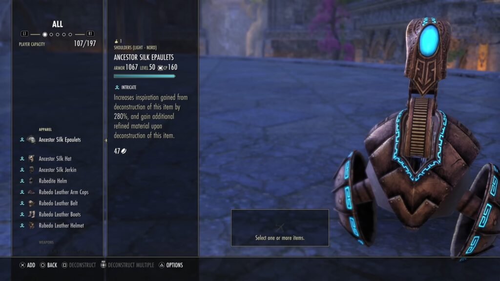 Screenshot showing Intricate items available for sale at a Deconstructor in The Elder Scrolls Online.