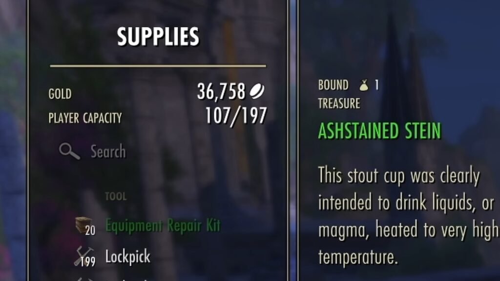 Screenshot of the Supplies section in the ESO Inventory screen, highlighting the Ashstained Stein Treasure.