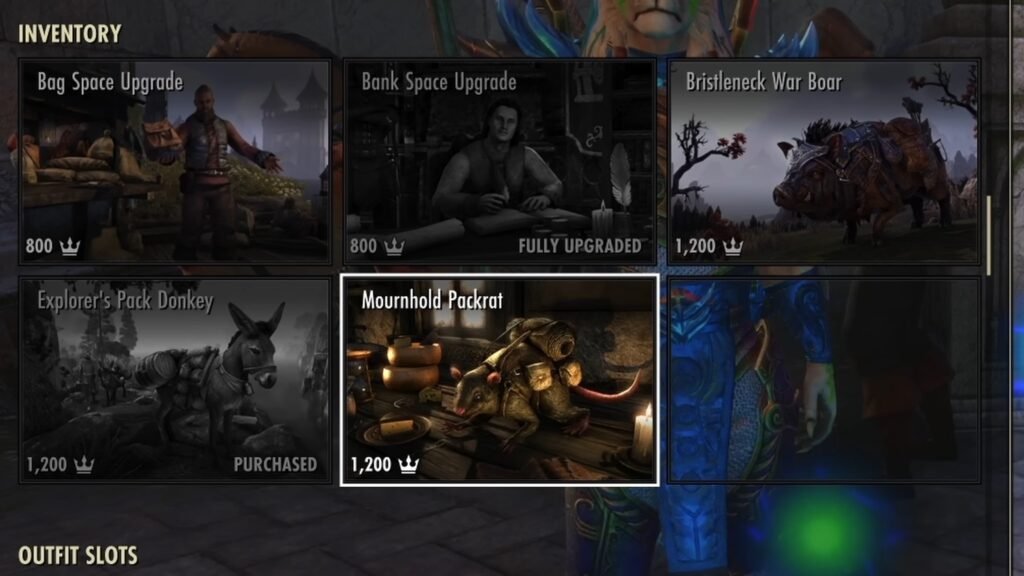 Screenshot of the Inventory Pets section in the ESO Crown Store, highlighting the Mournhold Packrat Pet.