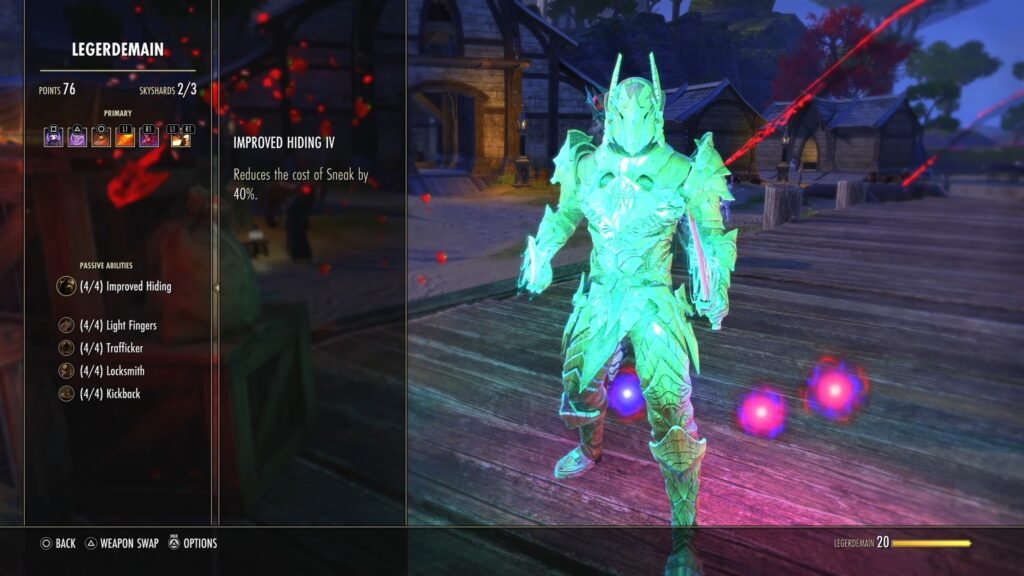 Screenshot of the Legerdemain skill line in The Elder Scrolls Online, highlighting the Improved Hiding passive skill.