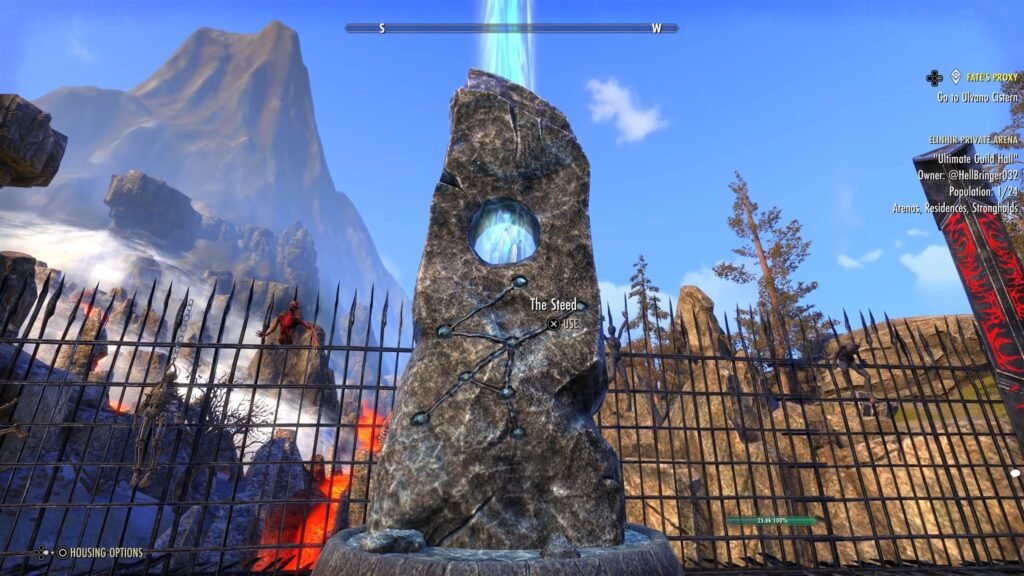 Screenshot of The Steed Mundus Stone in The Elder Scrolls Online, displayed prominently in a player home with a Skyshard furnishing inside the Stone.