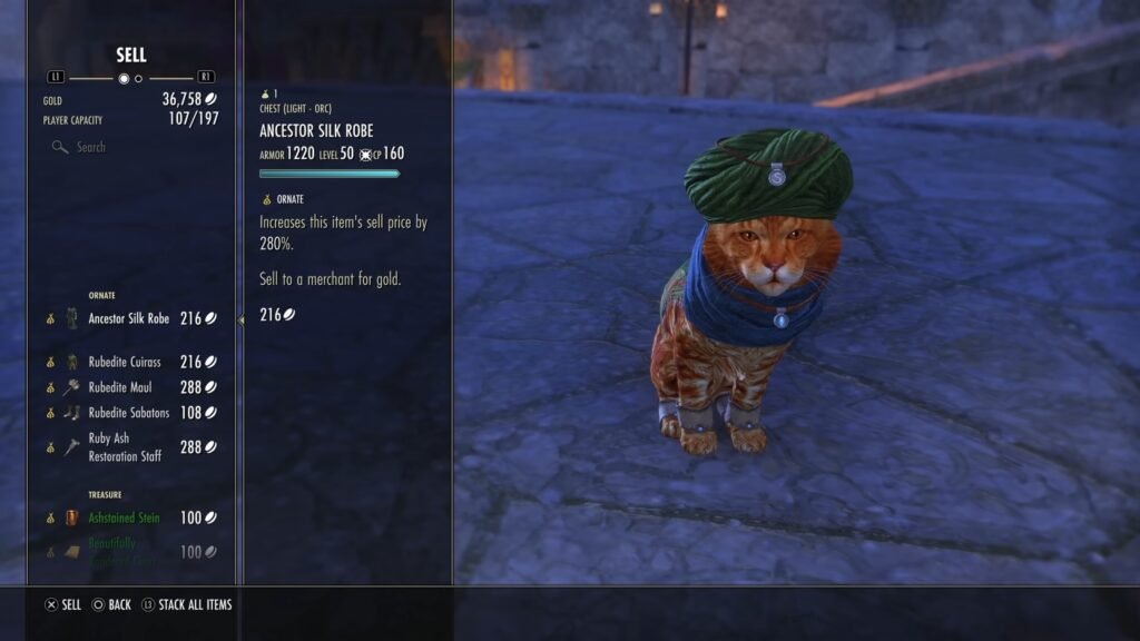 Screenshot showing Ornate items available for sale at a Merchant in The Elder Scrolls Online.