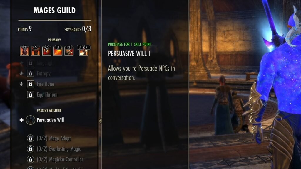 Screenshot of the Mages Guild Skill Line in The Elder Scrolls Online, focusing on the Passive Ability Persuasive Will.