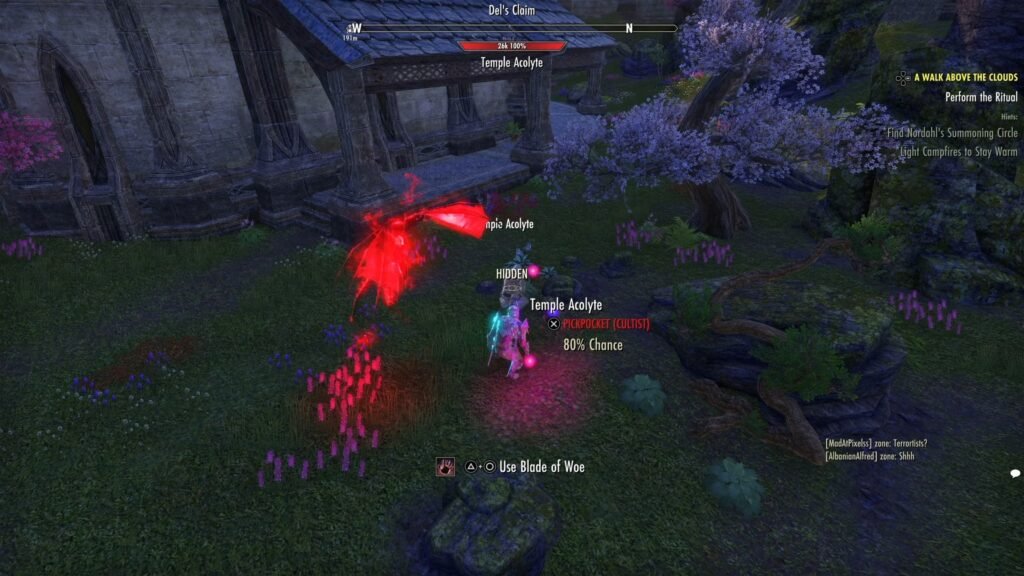 Screenshot of a Vulkhel Guard Temple Acolyte in The Elder Scrolls Online, highlighting a player preparing to pickpocket the NPC.