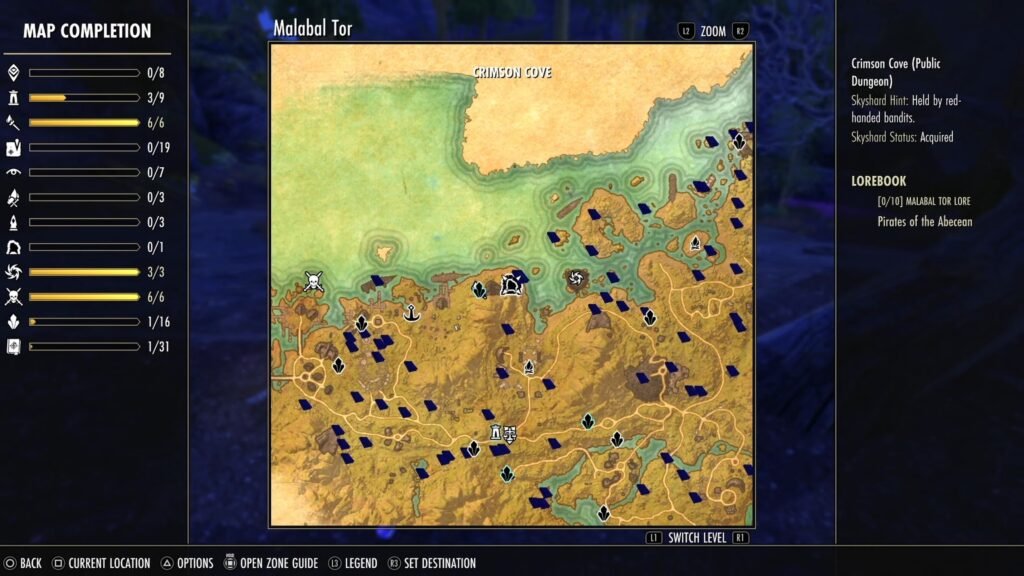Screenshot of the map in The Elder Scrolls Online, highlighting the location of the Crimson Cove Public Dungeon in Malabal Tor.