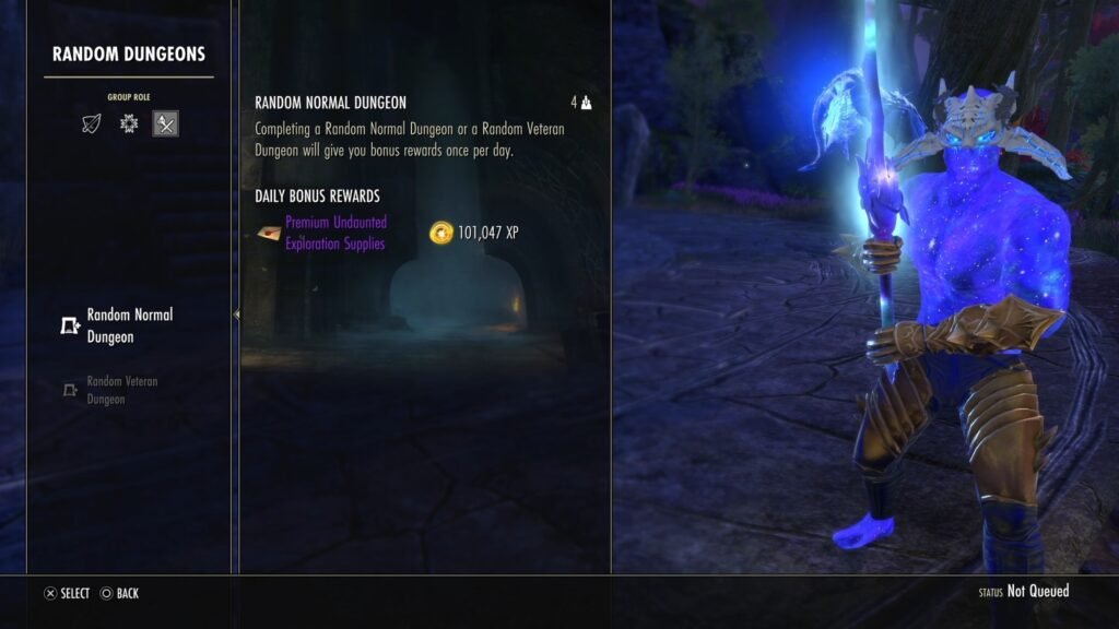 Screenshot of the Dungeon Finder menu in The Elder Scrolls Online, highlighting the Random Normal Dungeon option.
