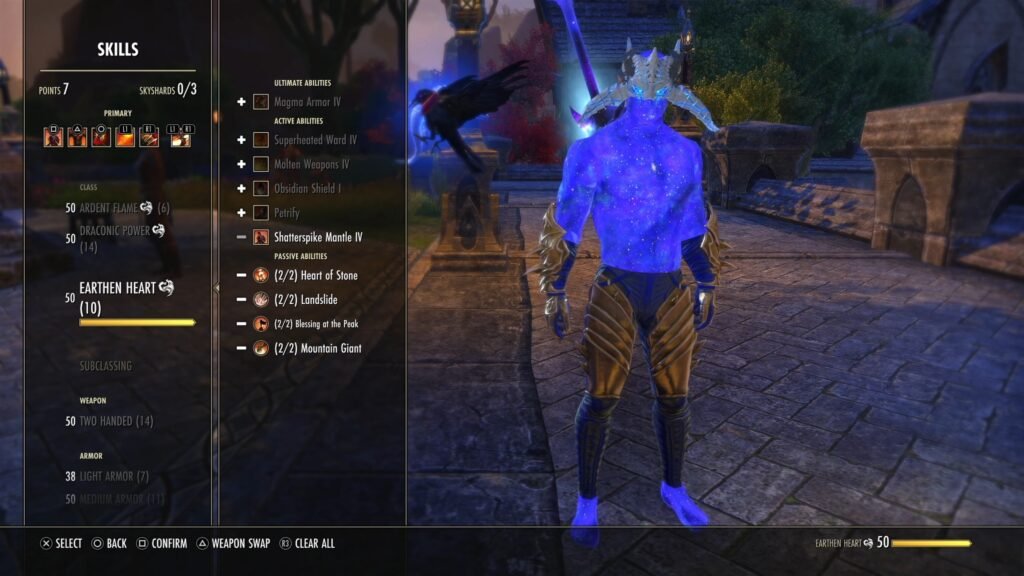 Screenshot of the Skills Menu in The Elder Scrolls Online, focusing on the Dragonknight Skill Line Earthen Heart.