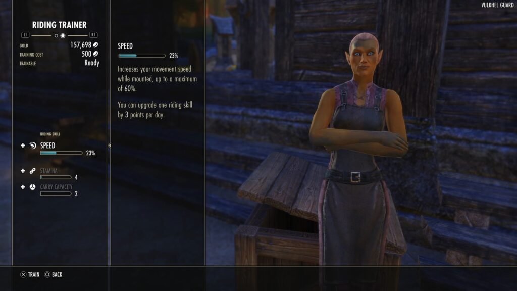 Screenshot of the Stablemaster in Vulkhel Guard, Auridon in The Elder Scrolls Online, highlighting the Riding Trainer mount upgrade system.