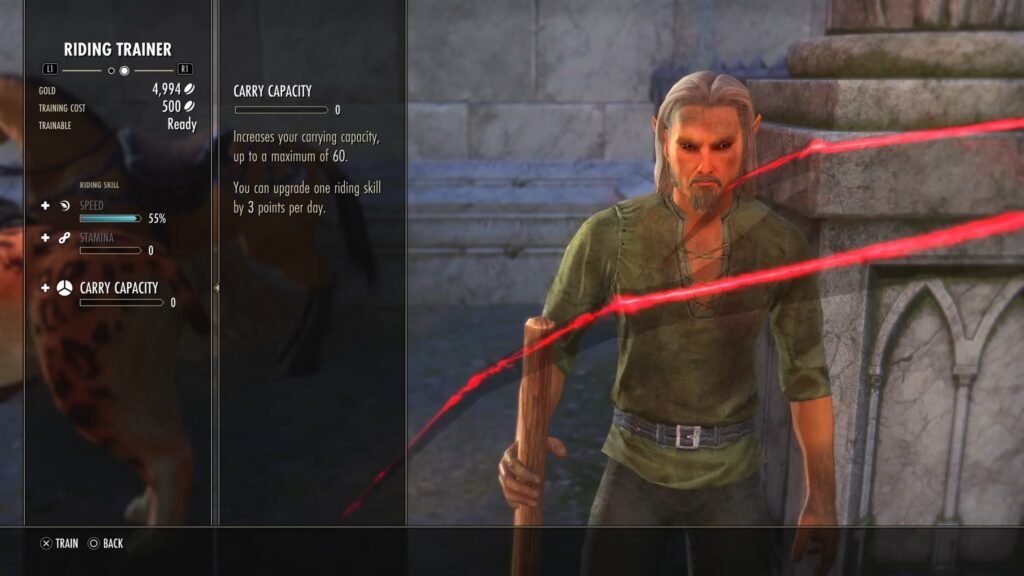 Screenshot of the Alinor Stablemaster in The Elder Scrolls Online, highlighting the Carry Capacity mount upgrade option.