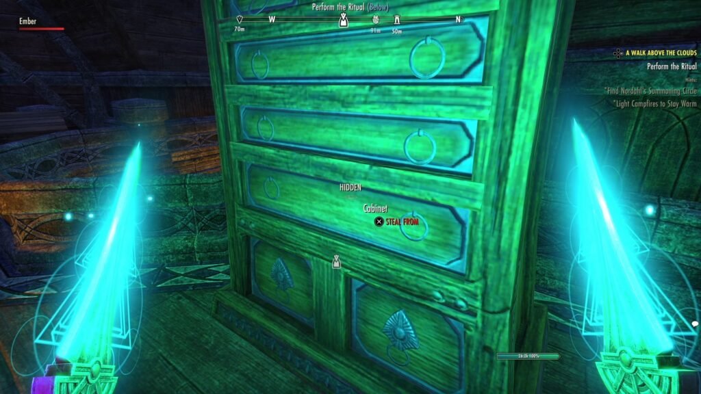 Screenshot of a Cabinet the player can steal from inside an NPC home in Vulkhel Guard in The Elder Scrolls Online.