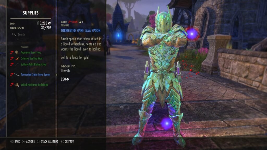 Screenshot of stolen treasure in the Supplies section of a player's inventory in The Elder Scrolls Online, highlighting the treasure item Tormented Spire Lava Spoon.