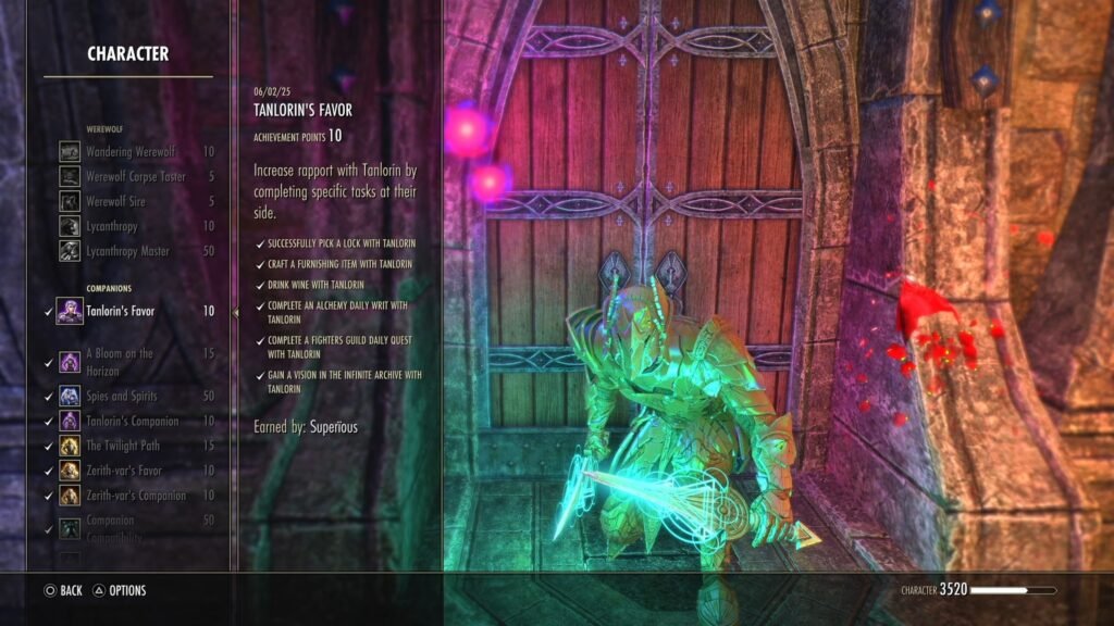 Screenshot of the Tanlorin's Favor achievement in The Elder Scrolls Online.
